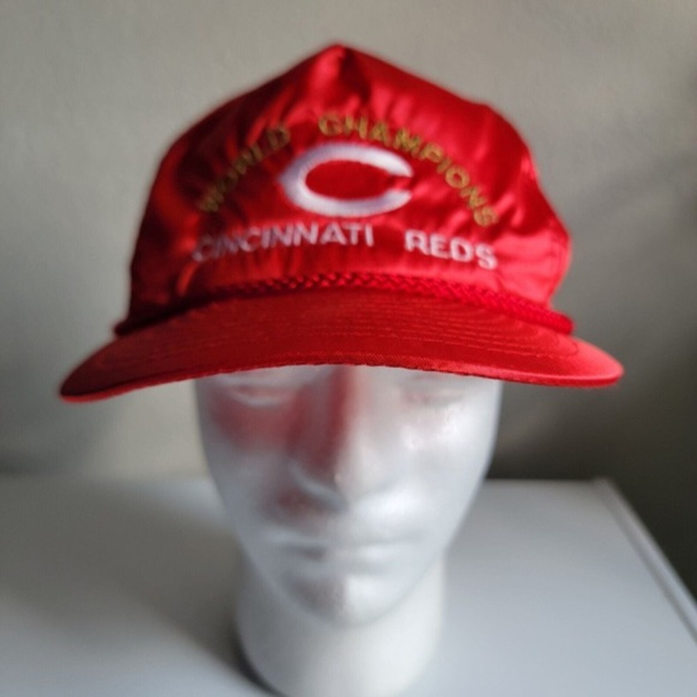 Vtg Otto Cap Shiny Adjustable Hat 90s World Champs Cincinnati Reds Rope Front